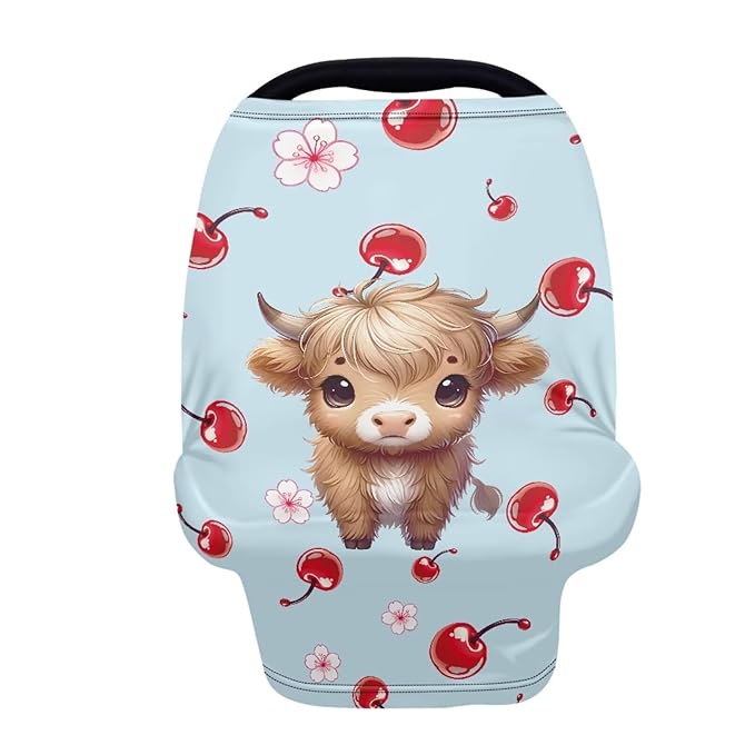 Wanyint Highland Cow Cherry Stretchy Baby Car Seat Cover Carseat Canopy for Babies Universal Baby Breastfeeding Stroller High Chair Shopping Cart Cover