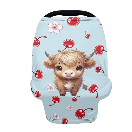 Wanyint Highland Cow Cherry Stretchy Baby Car Seat Cover Carseat Canopy for Babies Universal Baby Breastfeeding Stroller High Chair Shopping Cart Cover