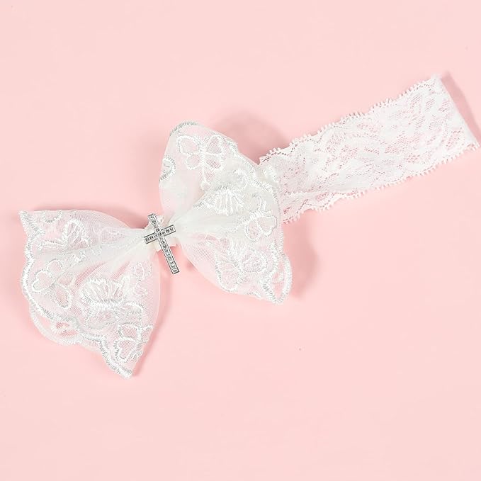 BBTDIN Baptism Christening Headbands Baby Girls Flower Lace Hair Hand White Bow BBG11 (B3-Cross Set)