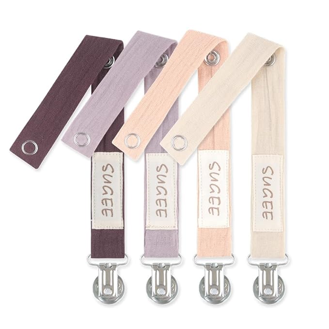 Baby Pacifier Clip Leash Holder Unisex for 4 Pack Gift Set with Neutral Solid Colors ;Soft Linen Pacifier Clips ; Fabric Pacifier Strap with Clip Keeps Pacifiers & Teethers in Place (Purple