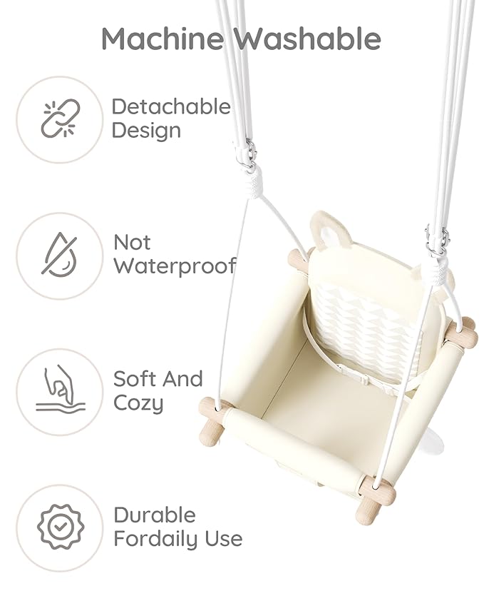 Wooden Hanging Baby Swing with Soft Safety Belt, Cozy Infant Swing Seat for Indoor & Outdoor Use, Adjustable Height, Includes Mounting Hardware – Suitable for Babies & Toddlers(Fox-Themed in Beige)