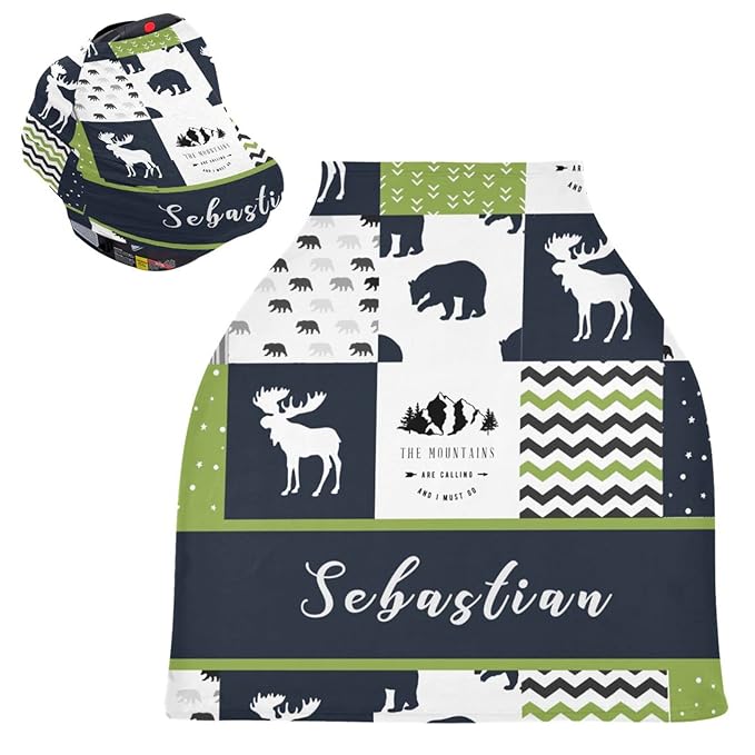 Personalized Baby Car Seats Cover with Name for Boys，Cutomized Woodland Bear Nursing Cover Multiuse Breastfeeding Scarf Infant Car Canopy Shower Gifts for Babies Newborn I