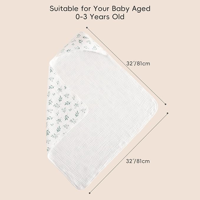 PHF 100% Muslin Cotton Baby Hooded Towels, 2 Pack Bath Towel with Hood for Newborn, Infant, Toddler, Ultra Soft and Absorbent Baby Bath Essentials, Shower Gifts for Boys Girls, 32x32Inch, Leaf