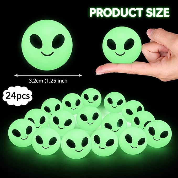 Seenelling 24 Pcs Alien Glow in The Dark Bouncy Balls Aliens Rubber High Bouncing Balls Space Party Favors Easter Toys Halloween Goodie Bag Stuffer Classroom Gifts