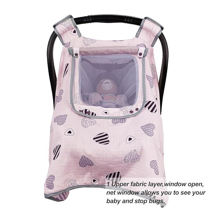 Car seat Covers for Babies, Infant Carseat Canopy for Newborn Carrier, kick Proof Yet Anti-Slip Design, Muslin, fit Summer, Spring, Autumn, Pink Heart, Perfect for Girl;
