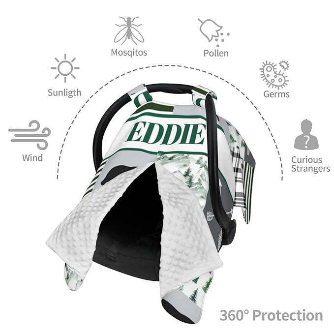 Personalized Baby Car Seat Canopy with Name, Custom Woodland Baby Car Seats Covers for Baby Boy, Opening Minky Nursing Breastfeeding Cover for Infant, Carseat Canopies for Newborn