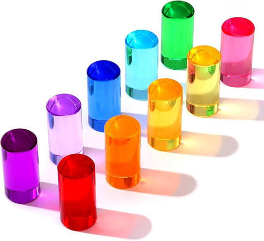 10 PCS Rainbow Acrylic Blocks, Crystal Lucite Gem Cubes for Kids, Highly Transparent Colored Acrylic Cylinder Building Blocks, Educational Sensory Learning Toys