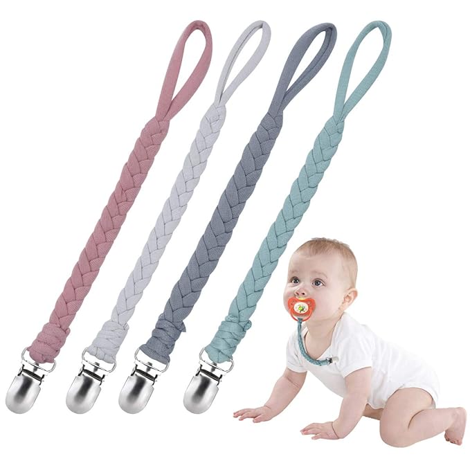 Baby Pacifier Holder for Boys and Girls, Teething Straps Unisex Design, Smoother Clip 100% Handmade Braided, Easy to Use for Teething Toy(Grey）