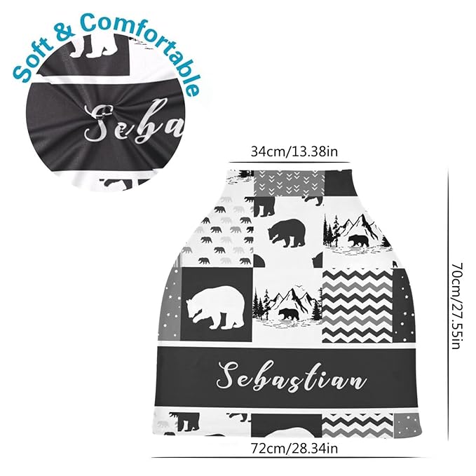 Personalized Baby Name Car Seats Cover for Boys Girls，Cutomized Woodland Bear Nursing Cover Multiuse Breastfeeding Scarf Infant Car Canopy Shower Gifts for Babies Newborn Infant