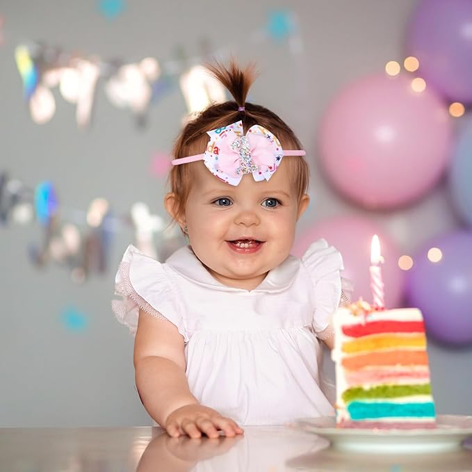 Glitter 1st Birthday Bow Headband for Baby Girls, Her First Birthday Pink Party Dress Photo Decoration Accessories, Cute one year old Princess Happy Birthdays Favor Gift