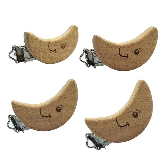5pcs Natural Beech Wood Animal Pacifier Clips Grasping Toy Suspender Chain Clips Charm Antique DIY Beading Accessory (Moon)