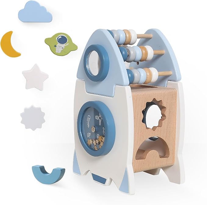 Wooden Space Toy for Baby, Montessori Toys for Babies, Toddler Rocket Toy, Sensory Activity Cube Learning Game, 1st Birthday Gift for Boys and Girls