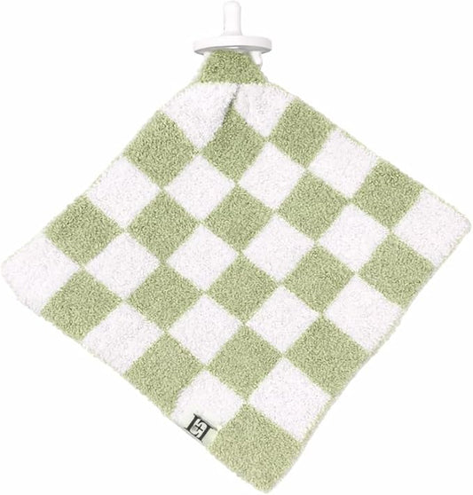 L+L USA Checkered Baby Lovey Pacifier/Teether Holder 10"x10" - DreamSoft Plush Fluffy Cuddly Soothie Reversible Mini Comfort Blanket - Cute Newborn Gift Essential Babies Boys Girls (Green/White)
