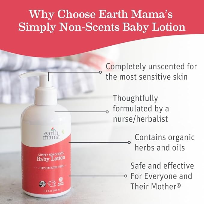 Earth Mama Simply Non-Scents Baby Lotion for Dry Skin, Calendula Cream for Newborn Skin Care, Children's Moisturizer with Aloe Juice, Rooibos, & Shea Butter, Fragrance Free, 8-Fl oz (2-Pk)