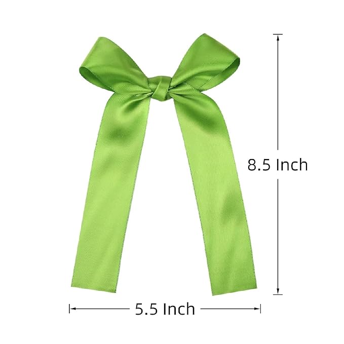 2-Pack Long Satin Ribbon Hair Bows for Girls – Elegant Silk Hair Clips for Toddlers, Infants, Teens & Kids - Green