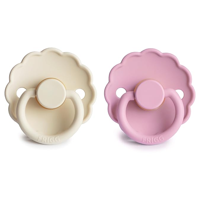 FRIGG Daisy Natural Rubber Baby Pacifier | Made in Denmark | BPA-Free (Cream/Lupine, Size 2) 2-Pack