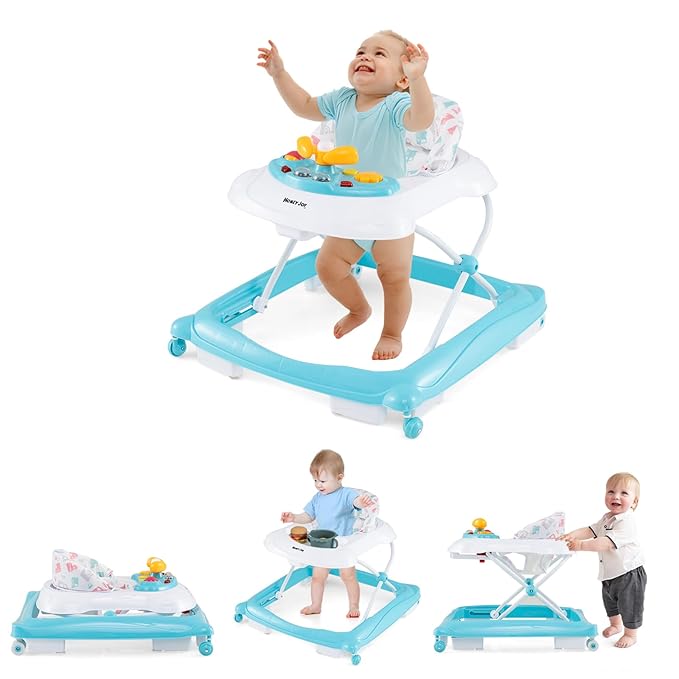 HONEY JOY Baby Walker, 5 in 1 Infant Activity Walker with Wheels, Music, Removable Cushion, Toddler Foldable Push Walker for Boys Girls, Anti-Rollover Walkers for Babies 7-14 Months (Green)