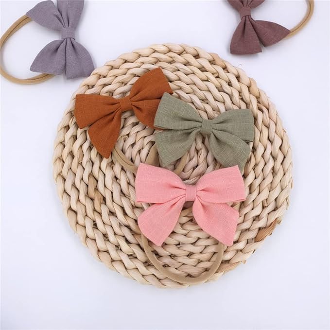 Sugarmelon Linen Bow Nylon Headband for Baby Newborn Infant Toddler Hair Bow Elastic Bands for Baby Girls Little Kids Headbands (Linen Sailor bow 3.2'')