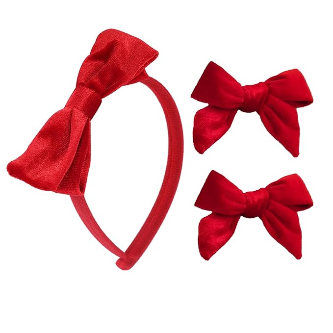 Velvet Bow Headband & 2 Pcs 4 Inch Hair Bows Set, Black School Hair Accessories for Little Toddler School Girls (Velvet Red)
