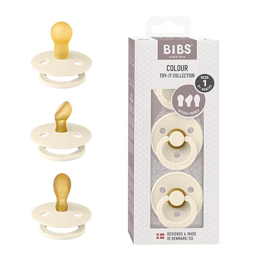 BIBS Pacifiers 0-6 Months | 3-Pack Soothers | BPA-Free Symmetrical Nipple | Made in Denmark | Ivory Try-It Collection (Ivory)