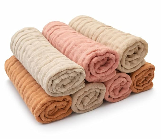 Baby Washcloths, 7-Pack, 100% Cotton Soft Absorbent, 6-Layer Muslin Wash Cloths and Face Towels, Baby Bath Essentials for Newborns, Babies and Toddlers, 12x12 inches (Caramel)