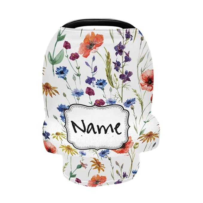Personalized Floral Baby Car Seat Covers for Girls, Customized Flower Carseat Cover with Name, Infant Carrier Cover Stroller Canopy, Nursing Cover Breastfeeding Scarf for Newborn Babies