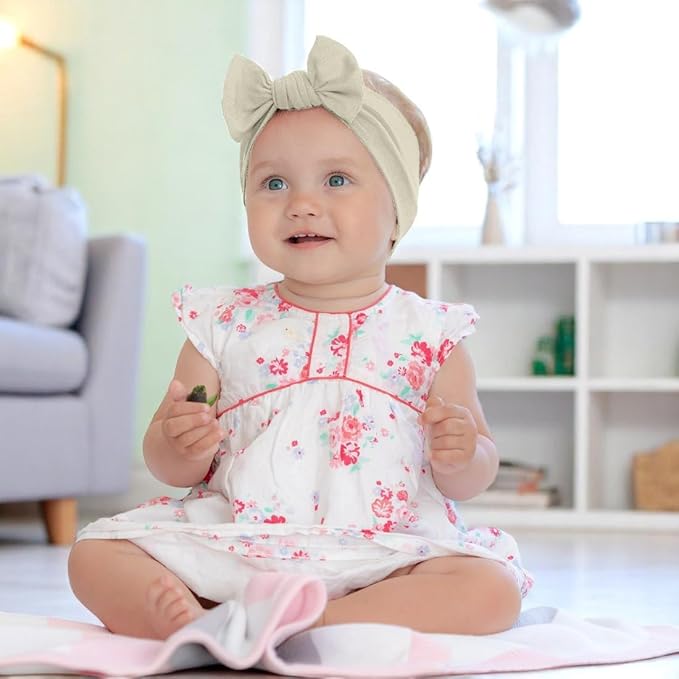Baby Girl Headbands 0–6 Months – Newborn Infant Soft Cotton Handmade Bow Headband, Stretchy No Mark Baby Hair Accessoriess (Light Beige, 0-6 Month)