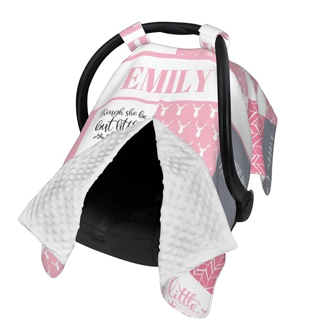 Personalized Baby Car Seat Canopy for Babies, Custom Name Car Seat Covers for Girls, Opening Minky Nursing Breastfeeding Cover for Infant, Carseat Canopies for Newborn (Woodland Deer Bear Pink)