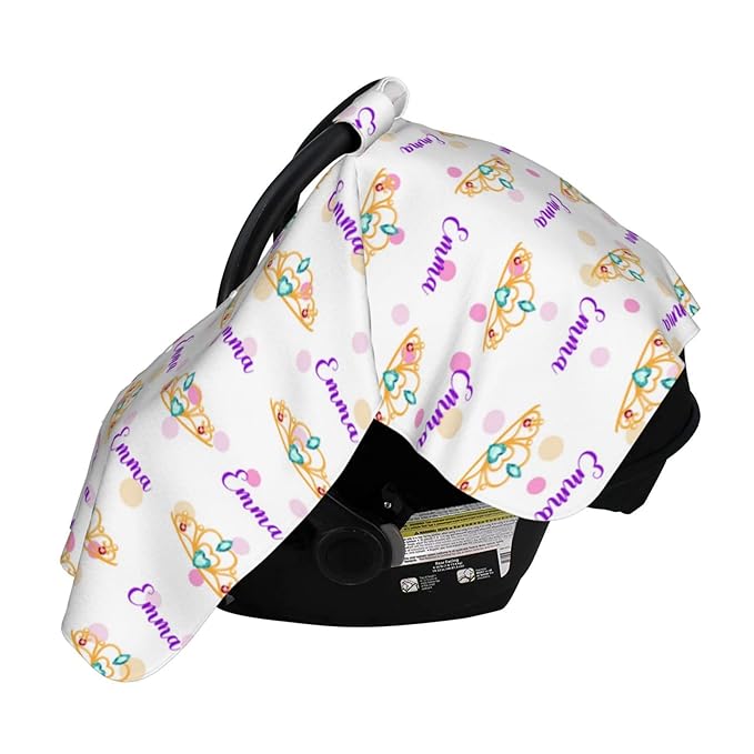 Personalized Girl Crown Tiara Baby Car Seat Canopy for Babies with Name, Custom Car Seat Covers for Girls, Peekaboo Opening Minky Nursing Cover Infant Car Seat Canopies for Newborn