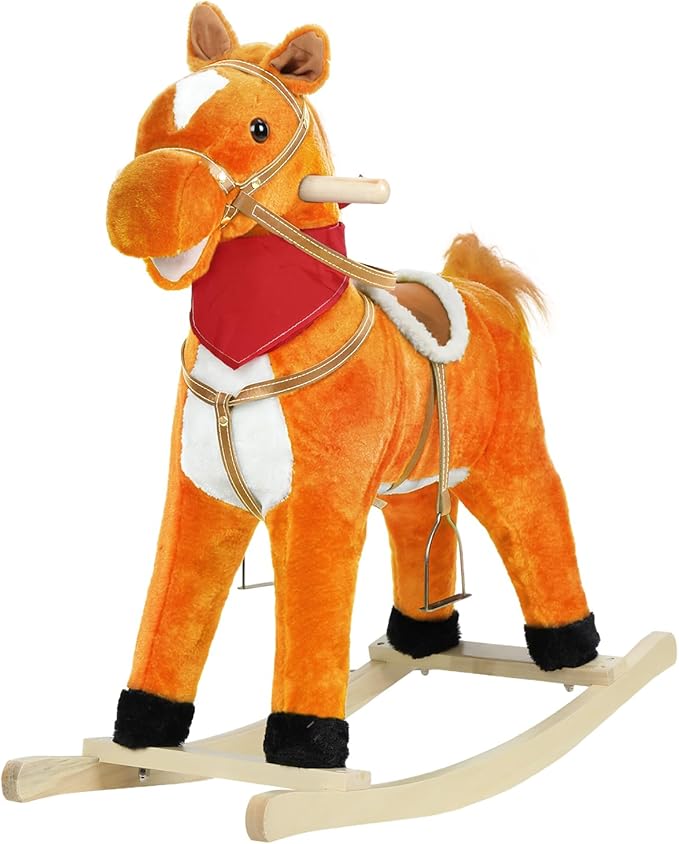 Rocking Horse Toy for Kids Plush Ride on Animal with Wooden Rockers, Moving Mouth and Wagging Tail, Musical Sounds, Baby Rocking Chair, 120kg Weight Capacity, Ages 1-6 Light Brown Middle