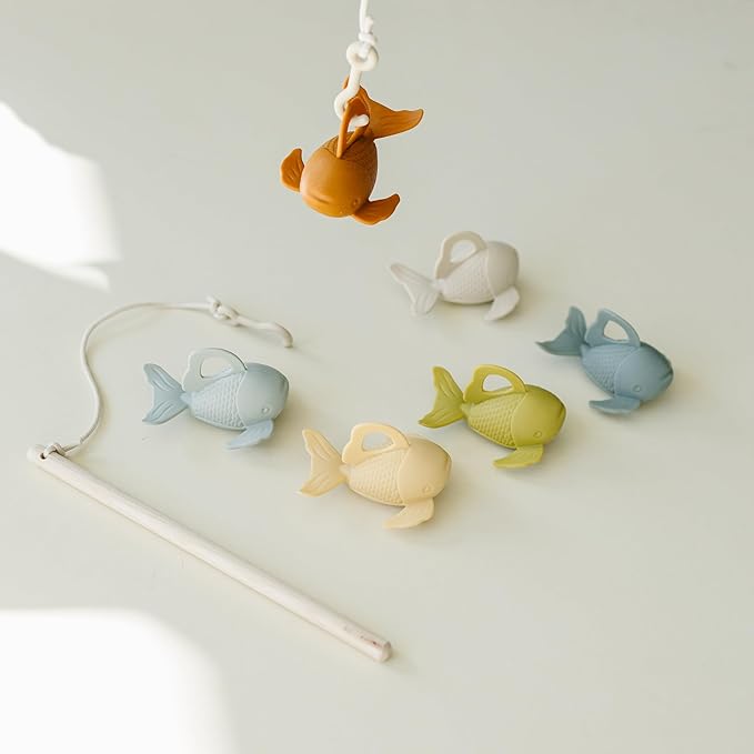 Marlowe & Co Silicone and Wooden Fishing Playset, Montessori Fine Motor Skills Fish Game for Children with Storage Bag