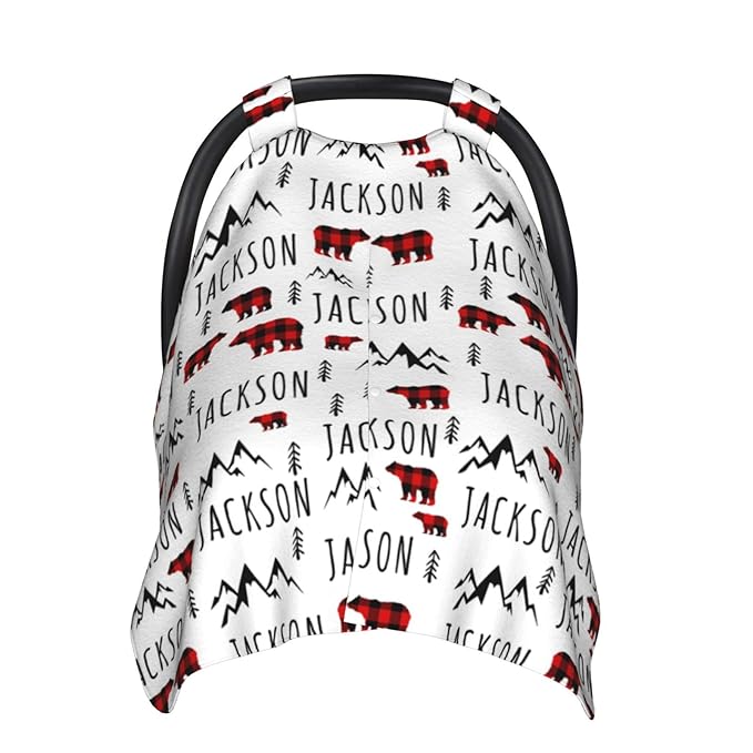 Personalized Plaid Design Bear Baby Car Seat Canopy for Babies with Name, Custom Multi-use Blankets for Baby Boys Girls, Peekaboo Minky Nursing Breastfeeding Stroller Cover Canopies for Newborn