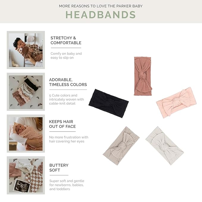 Parker Baby Cable Knit Nylon Headbands 5 Pack | Soft, Stretchy & Comfortable Bows for Girls | Adjustable, Soft to Touch & Knotted Headbands for Baby Girls | Baby Headwraps for Girls | Multiple Colors