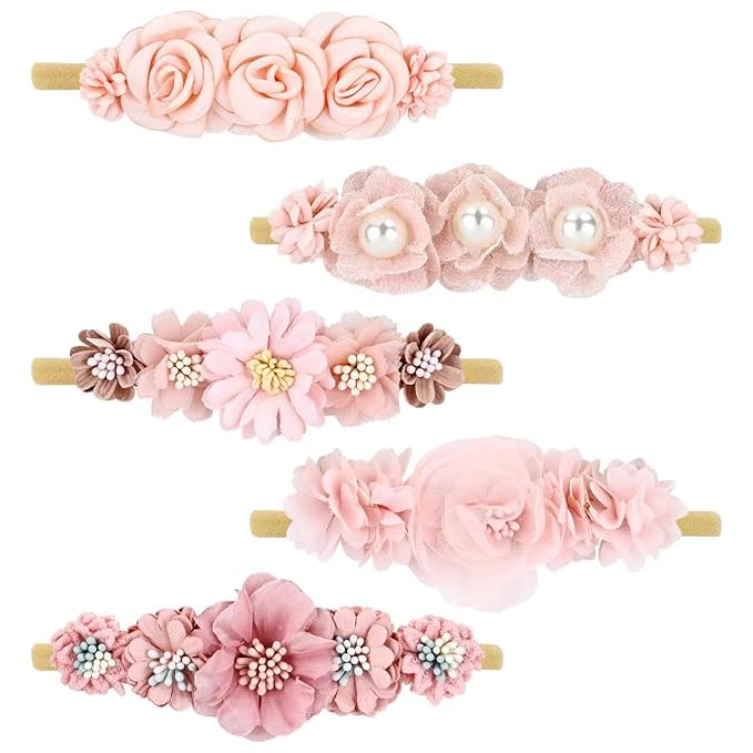 Cinaci 5 Pack Delicate Floral Flower Nylon Headbands Hair Bands Accessories for Baby Girls Newborns Infants Toddlers Kids (5 Pack S10)