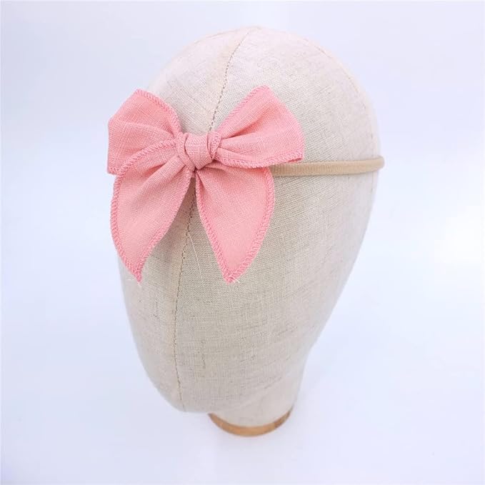 Sugarmelon Linen Bow Nylon Headband for Baby Newborn Infant Toddler Hair Bow Elastic Bands for Baby Girls Little Kids Headbands (Linen Fable bow 3'')