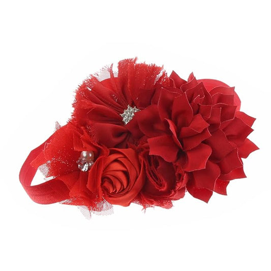 My Lello Headband Shabby Fabric Flower Cluster Baby - Infant - Toddler - Girl Stretchy Elastic Red