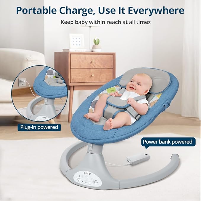 Bioby Baby Swing for Infants with 5 Natural Sway Speeds, Portable Bt Music Baby Swing with Remote Control & 5-Point Harness, Lightweight Baby Rocker for 5-20 Lb,0-12 Months Blue