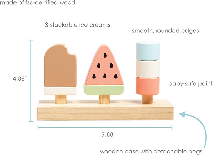 Pearhead Wooden Stacking Toy – Ice Cream Mix & Match Pretend Play Food, FSC-Certified, Montessori Toy Develops Fine Motor Skills & Hand-Eye Coordination, Boys and Girls, 1 Year Old+