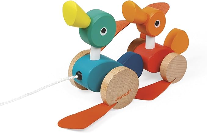 Janod Zigolos Pull Along Duck Family Early Learning and Motor Skills Toy with Flapping Feet Made of Beech and Cherry Wood for Ages 12 Months