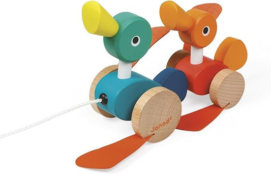 Janod Zigolos Pull Along Duck Family Early Learning and Motor Skills Toy with Flapping Feet Made of Beech and Cherry Wood for Ages 12 Months