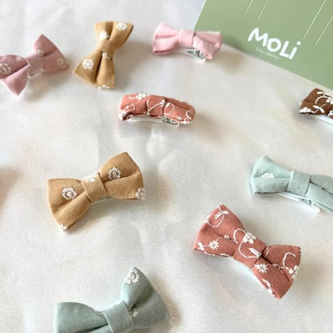 10 PCS 2'' Baby Hair Bow Clips Set Handmade Fully Lined Alligator Clips Floral Embroidered Cotton Fabric Gental for Baby Girls Toddler Fine Hair (Spring)