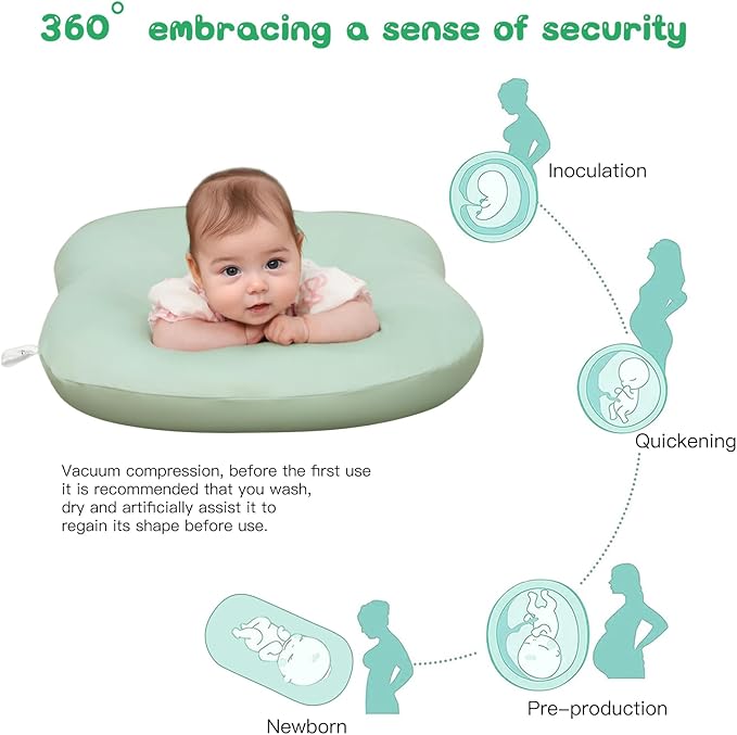 Lucakuins Baby Support Cushion, 0-24 Months Newborn Infant Support Cushion with Cover, Portable Tummy Time Mat for Home and Travel, Soft Cotton, Supervised Use, Baby Essentials Gift (Lovely Green)