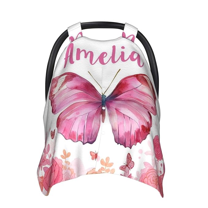 Personalised Butterfly Baby Car Seat Cover for Girls, Customized Carseat Covers with Name for Infant, Windproof Sun Protection Baby Carseat Canopy, Multi-use Nursing Breastfeeding Covers