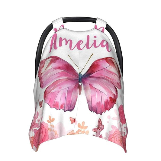 Personalised Butterfly Baby Car Seat Cover for Girls, Customized Carseat Covers with Name for Infant, Windproof Sun Protection Baby Carseat Canopy, Multi-use Nursing Breastfeeding Covers