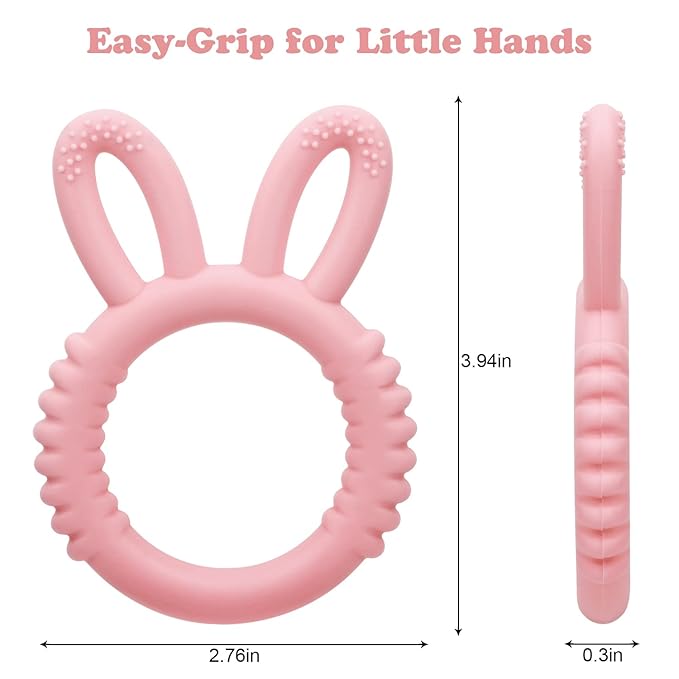 MISSLILI Silicone Babies Teethers Baby Teething Toys for Soothe Massage Sore Gums for 3-12 Months Infants, BPA Free, Easter Gifts for Boys and Girls, Ring Shape Rabbit Ear Design (Pink)