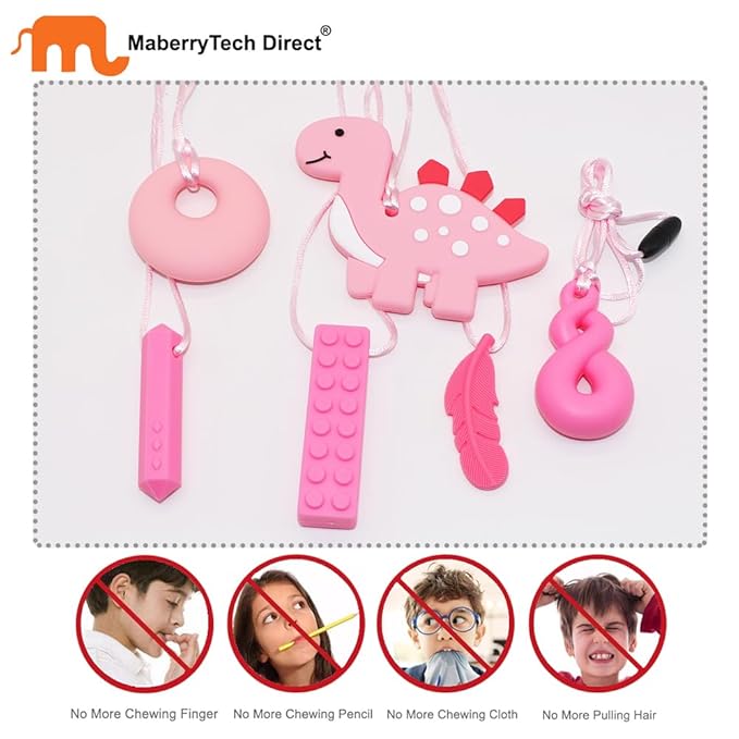 Chew Necklace for Sensory Kids Girls, 6 Pack Chewy Necklace Sensory Chew Toys for Autistic Children or Adults with ADHD, SPD, Anxiety, Silicone Pink Dinosaur Stim Toy - BPA Free