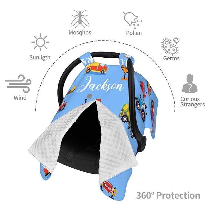 Custom Baby Car Seat Canopy for Babies with Name, Personalized Construction Truck Baby Car Seats Covers for Boys, Opening Minky Nursing Breastfeeding Stroller Cover Infant Carseat Canopies for Newborn