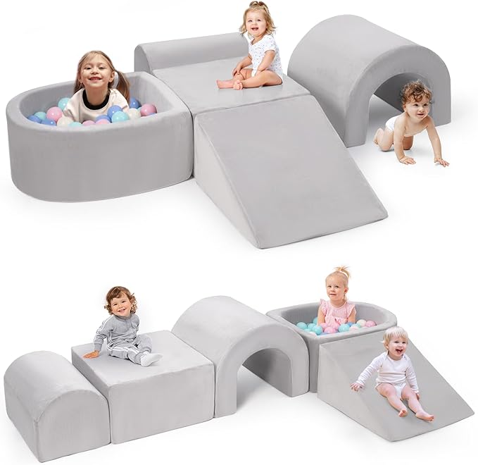 Rinnebbit Foam Climbing Blocks for Toddlers, 5-Piece Tunnel Climber and Crawl Playset, Indoor Activity Play with Ball Pit, Machine Washable Velvet Cover, Soft Climbing Toy for Kids 1-3 (Gray)