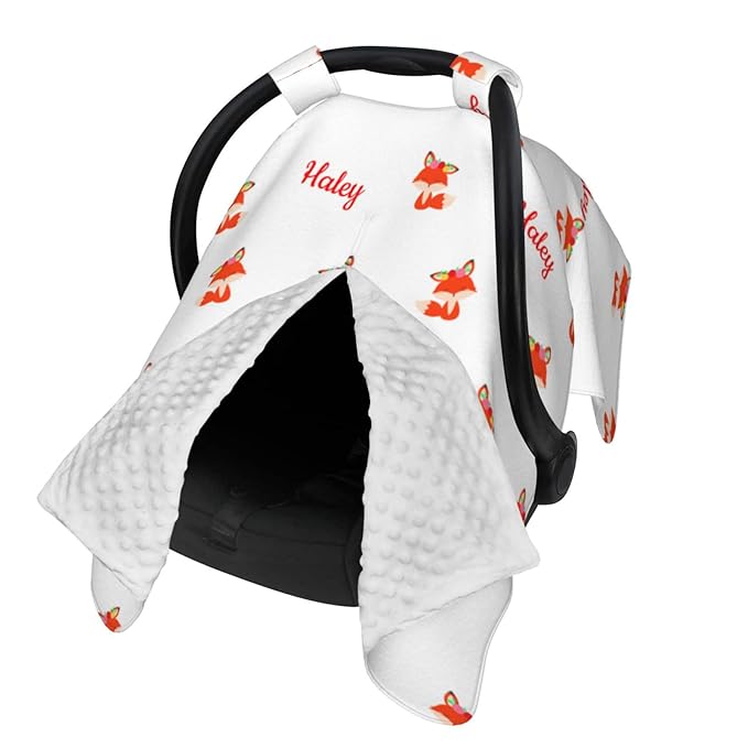 Personalized Red Little Cute Fox Baby Infant Car Seats Canopy for Babies with Name, Custom Lightweight Covers for Baby Boys Girls, Minky Nursing Breastfeeding Stroller Canopies for Newborn