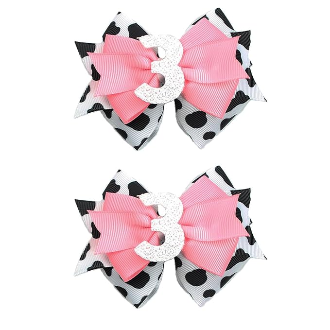 Birthday Hair Clips for Baby Girls - 2Pc Cow Print Bow with White Number Hair Clips for 3rd Birthday Baby Bow Party Decorations for Girls Toddlers Hair Accessories (Cow Print -3 Years)